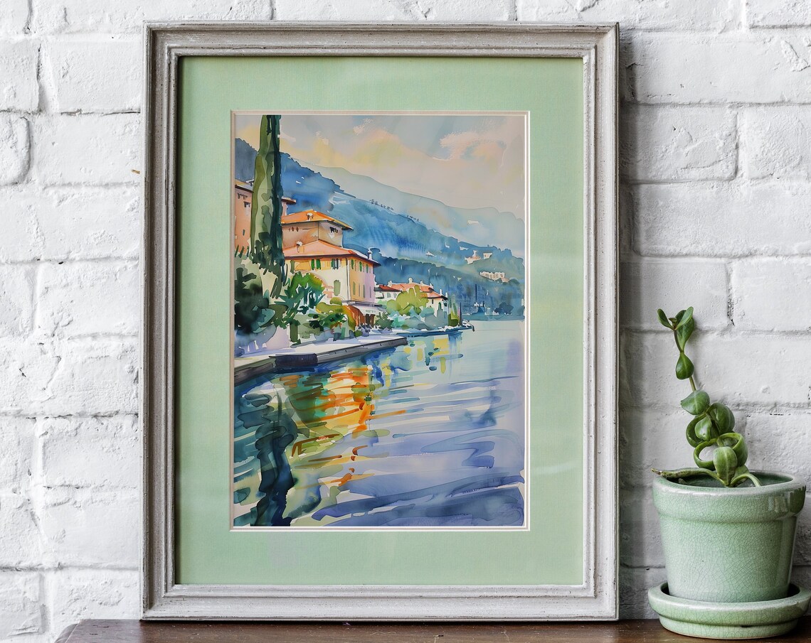 Italian Lakeside Villa Watercolor Italy Travel Scene Art Poster - Image 4