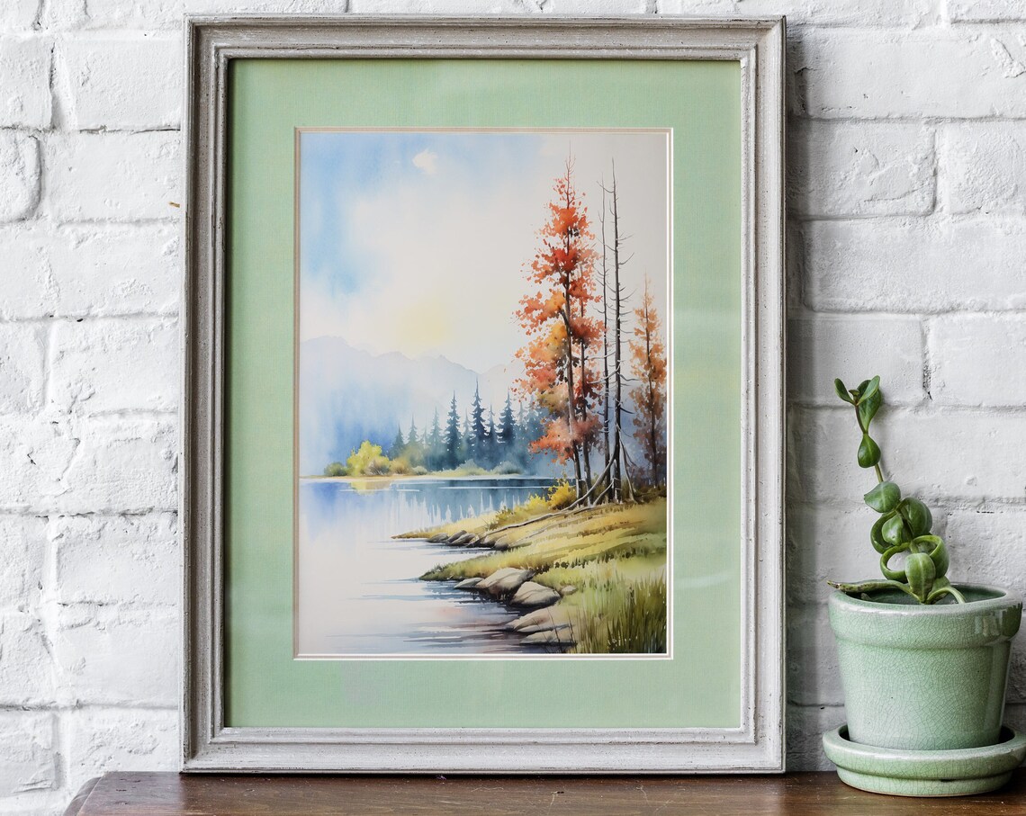 Sunset Lake With Autumn Tree Rocky Shore Mountain Watercolor Poster - Image 5