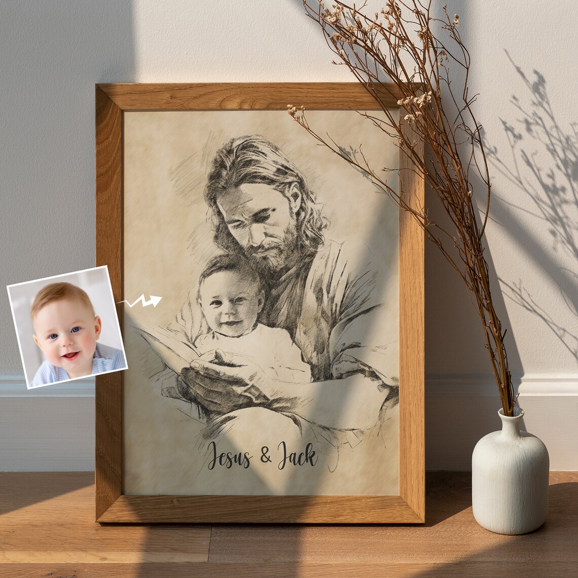 Jesus Reading with a Child in a Warm Framed Pencil Sketch Personalized Poster