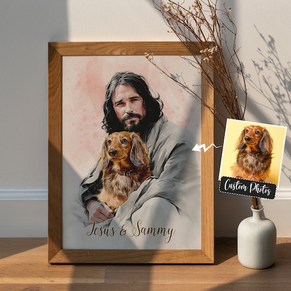 Jesus Holding Long Haired Dachshund Custom Pet Portrait Poster