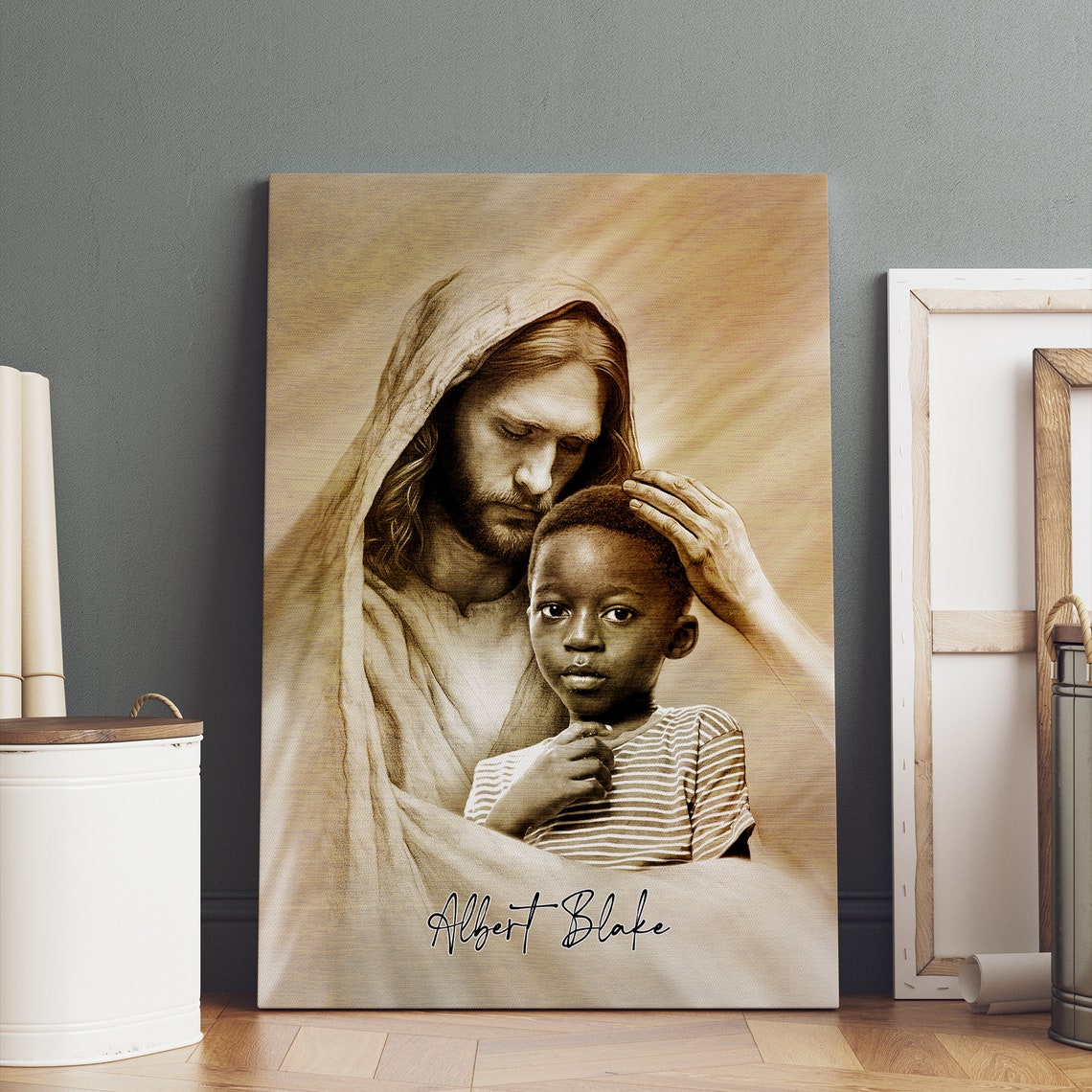 Jesus Embracing a Young Boy Sepia Pencil Personalized Memorial Poster - Image 2