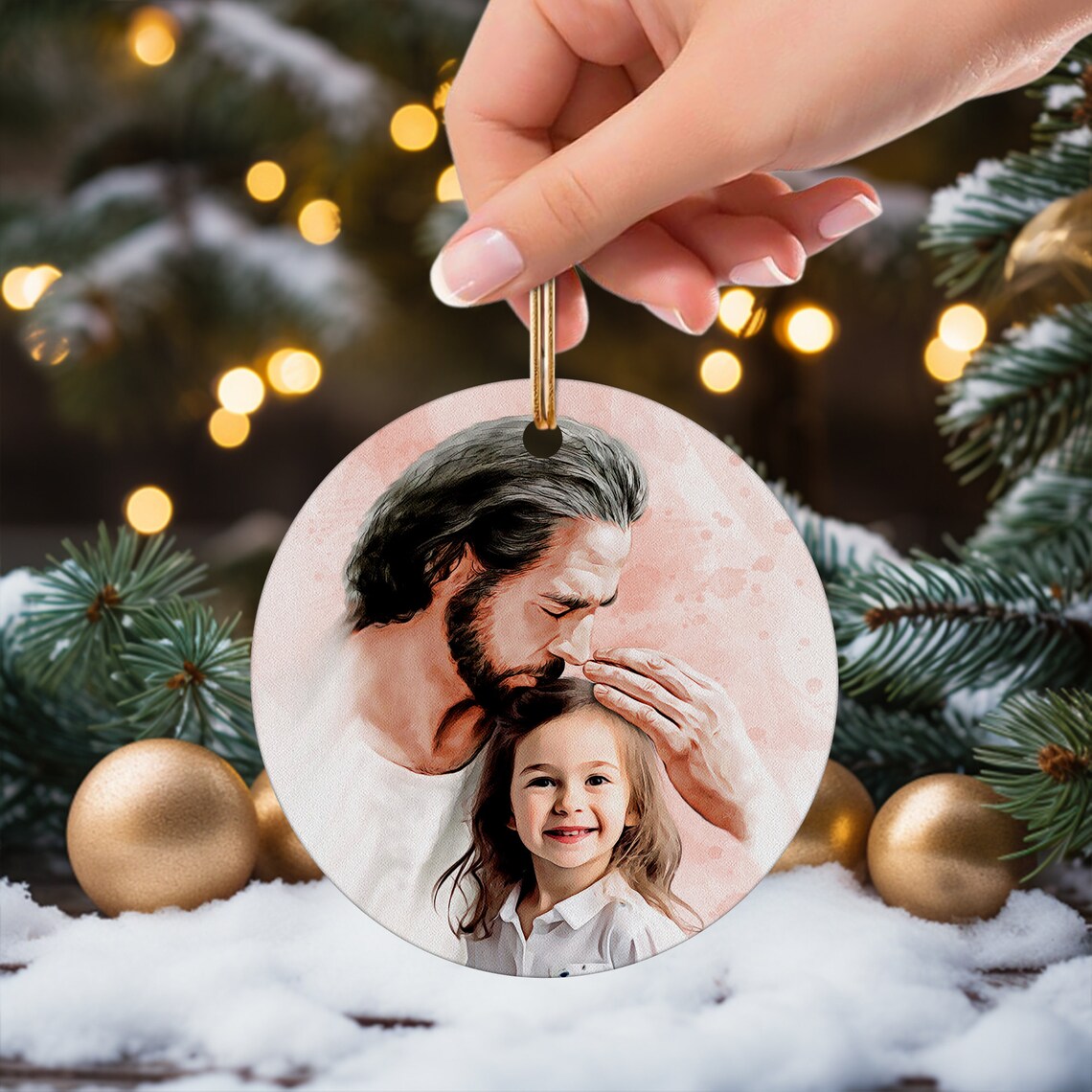 Personalized Child and Jesus Watercolor Christmas Ornament Portrait Poster - Image 2