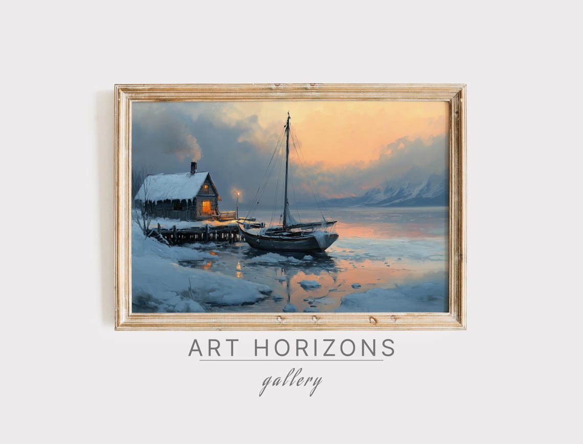 Snowy Winter Landscape Sailboat Print Ice Fishing Art Farmhouse Boat Oil Painting Lake House Coastal Decor Neutral A322
