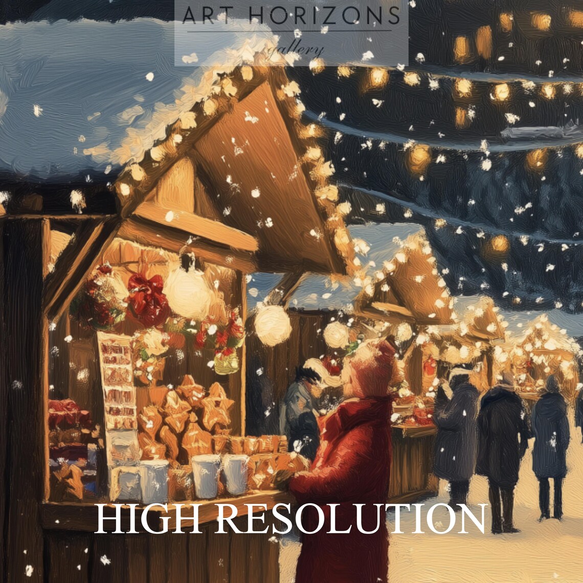 Snowy Christmas Market Stalls at Night Warm Lights Travel Poster - Image 3
