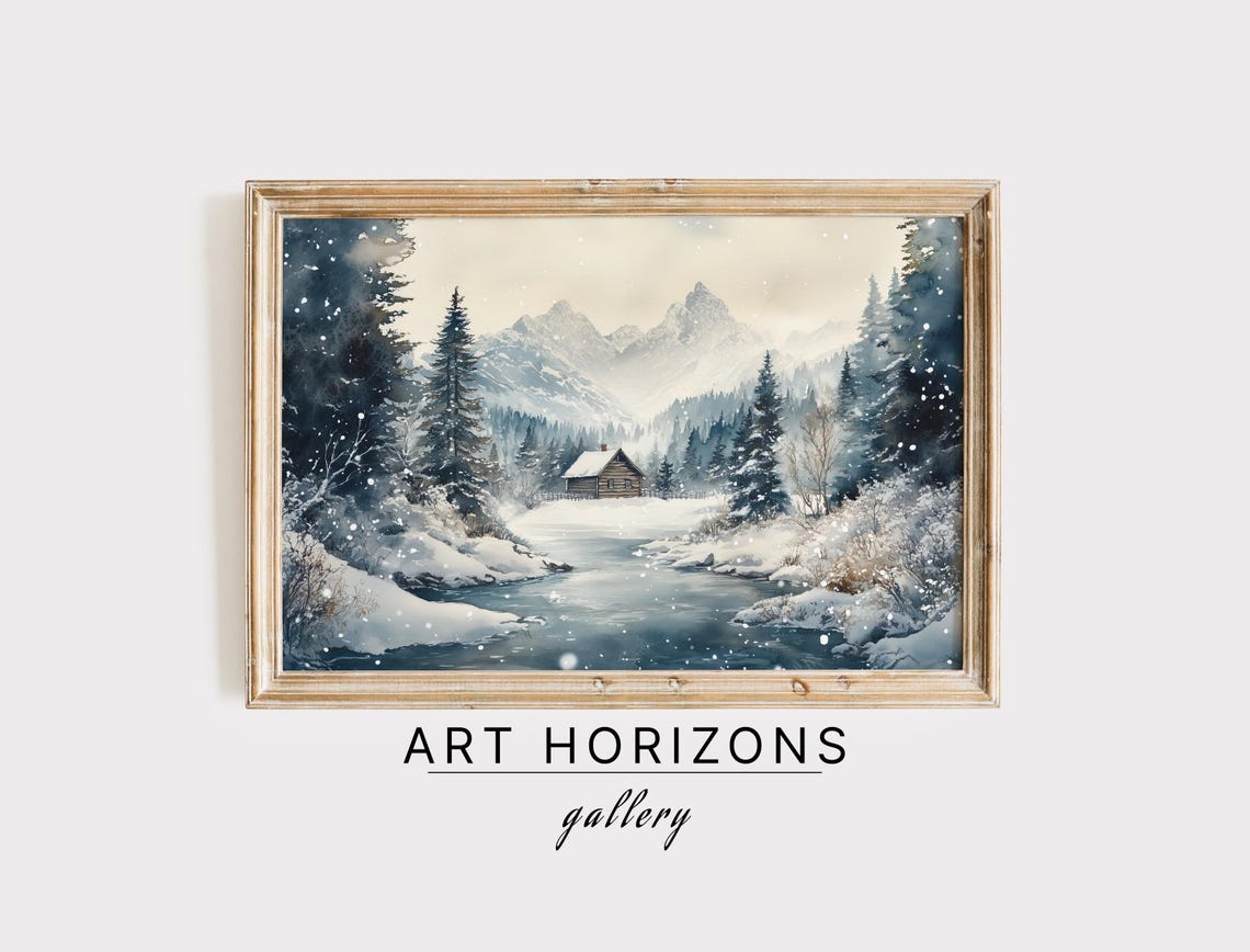 Mountain Cabin River Snowy Pines Watercolor Winter Landscape Poster