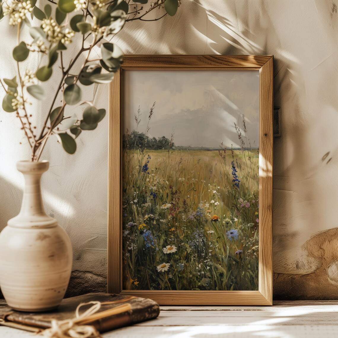 Wildflower Meadow Oil Painting Golden Field Cloudy Sky Vintage Poster - Image 3