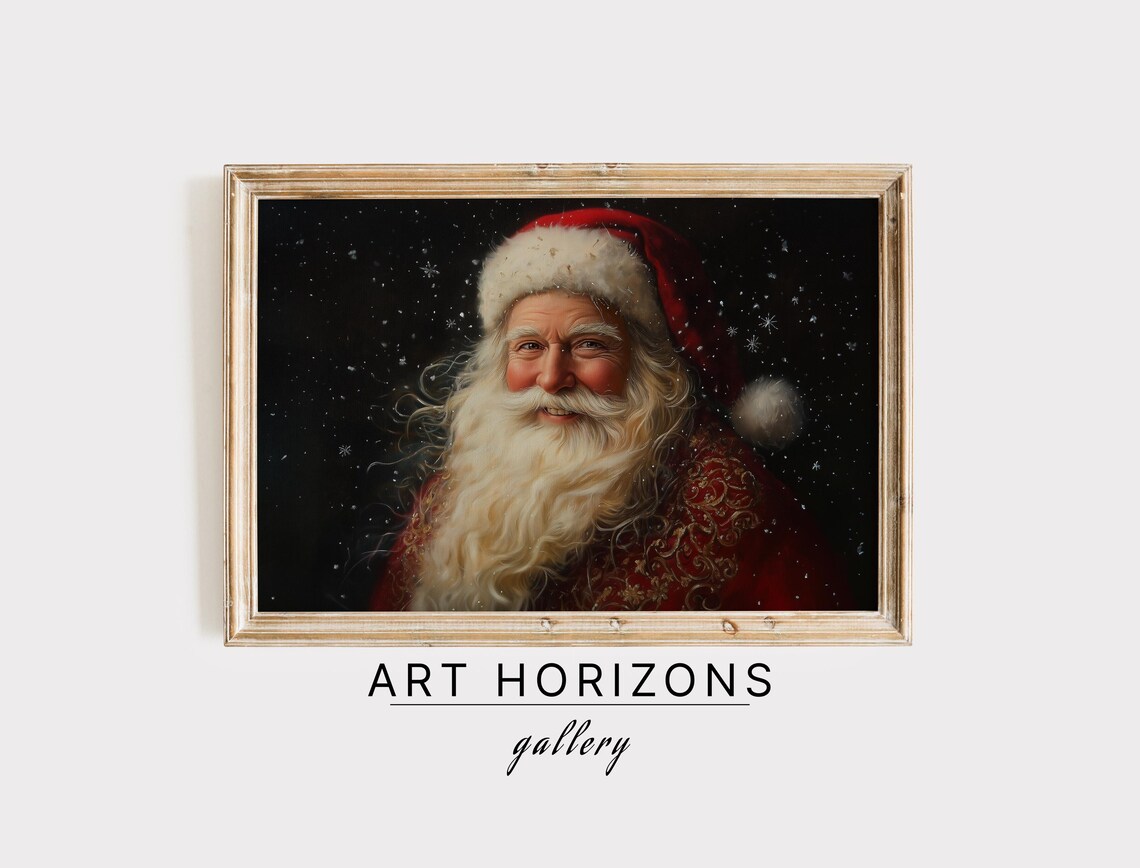 Santa Claus Portrait Oil Painting Snowflakes Dark Background Print