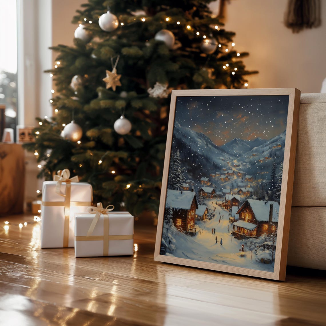 Snowy Mountain Village Night Glowing Chalets Falling Snow Art Print - Image 4