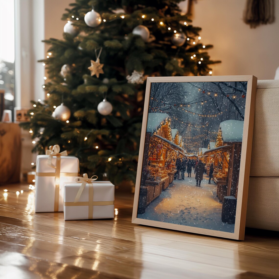 Snowy Christmas Market Night Glowing Stalls String Lights Art Print - Image 3