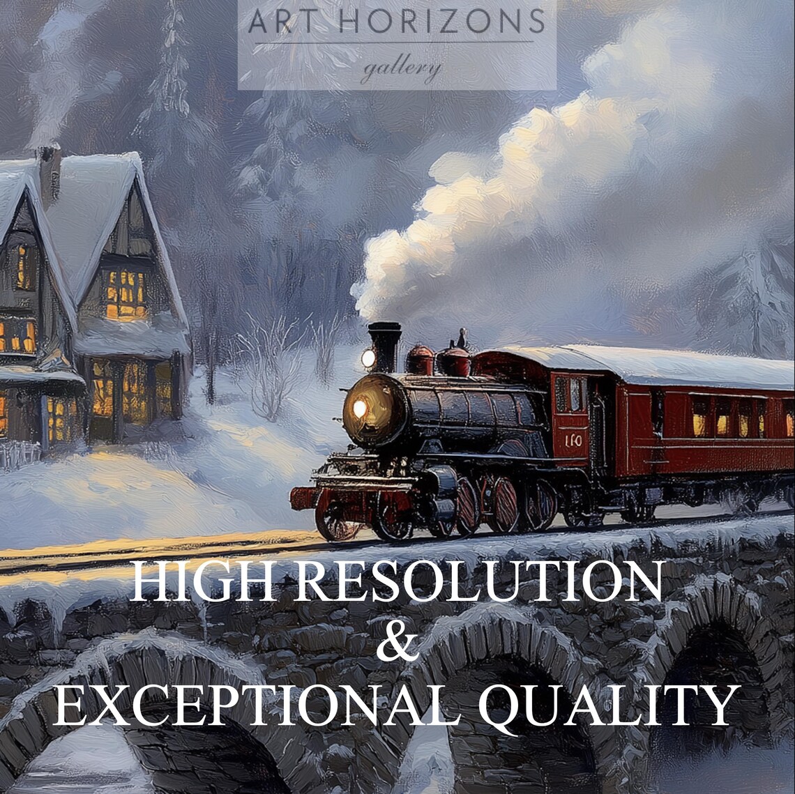Red Steam Train Stone Bridge Snowy Village Dusk Winter Art Print - Image 3