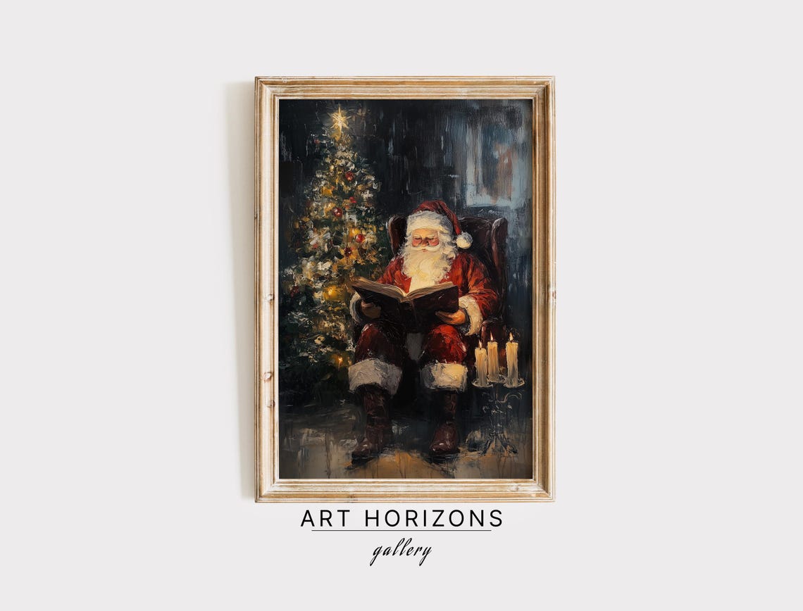 Santa Reading Book Christmas Tree Star Candles Moody Vintage Wall Art