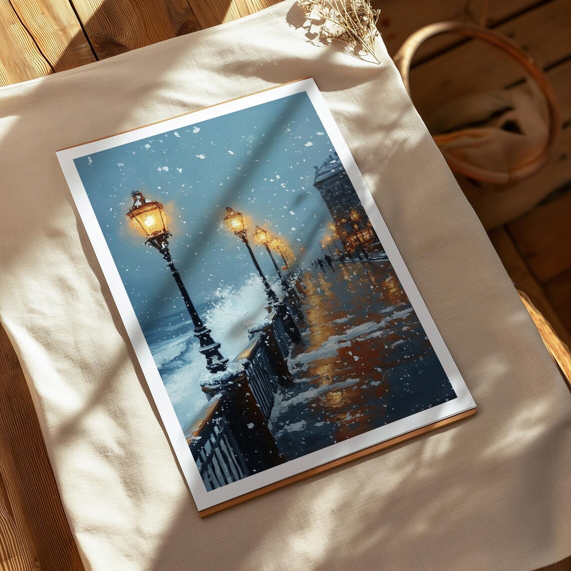 Snowy Seaside Promenade With Glowing Lamps At Dusk Winter Art Poster - Image 4