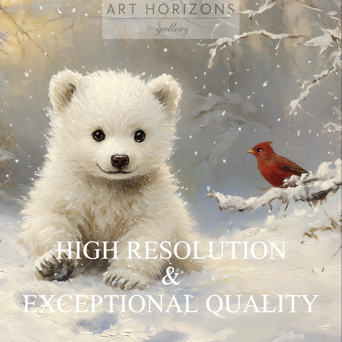 Cute White Bear Cub In Snowy Forest With Red Cardinal Bird Art Print - Image 3