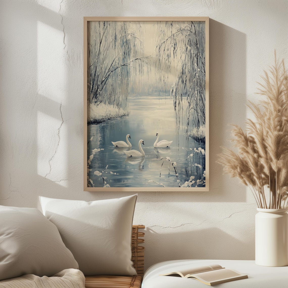 White Swans Icy River Snowy Weeping Willows Serene Winter Art Poster - Image 4