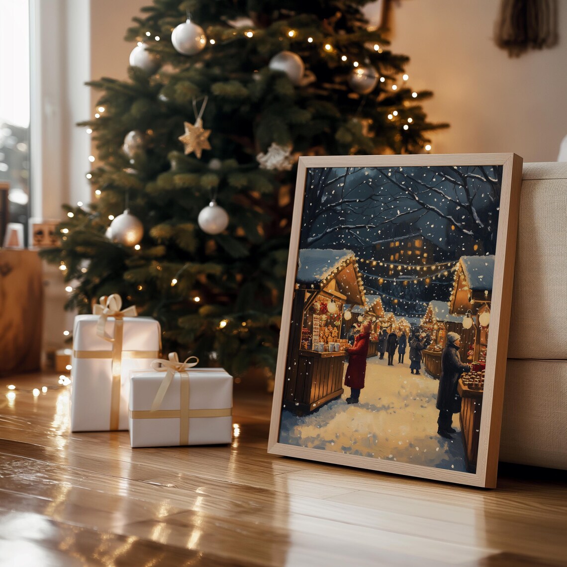 Snowy Christmas Market Stalls at Night Warm Lights Travel Poster - Image 4
