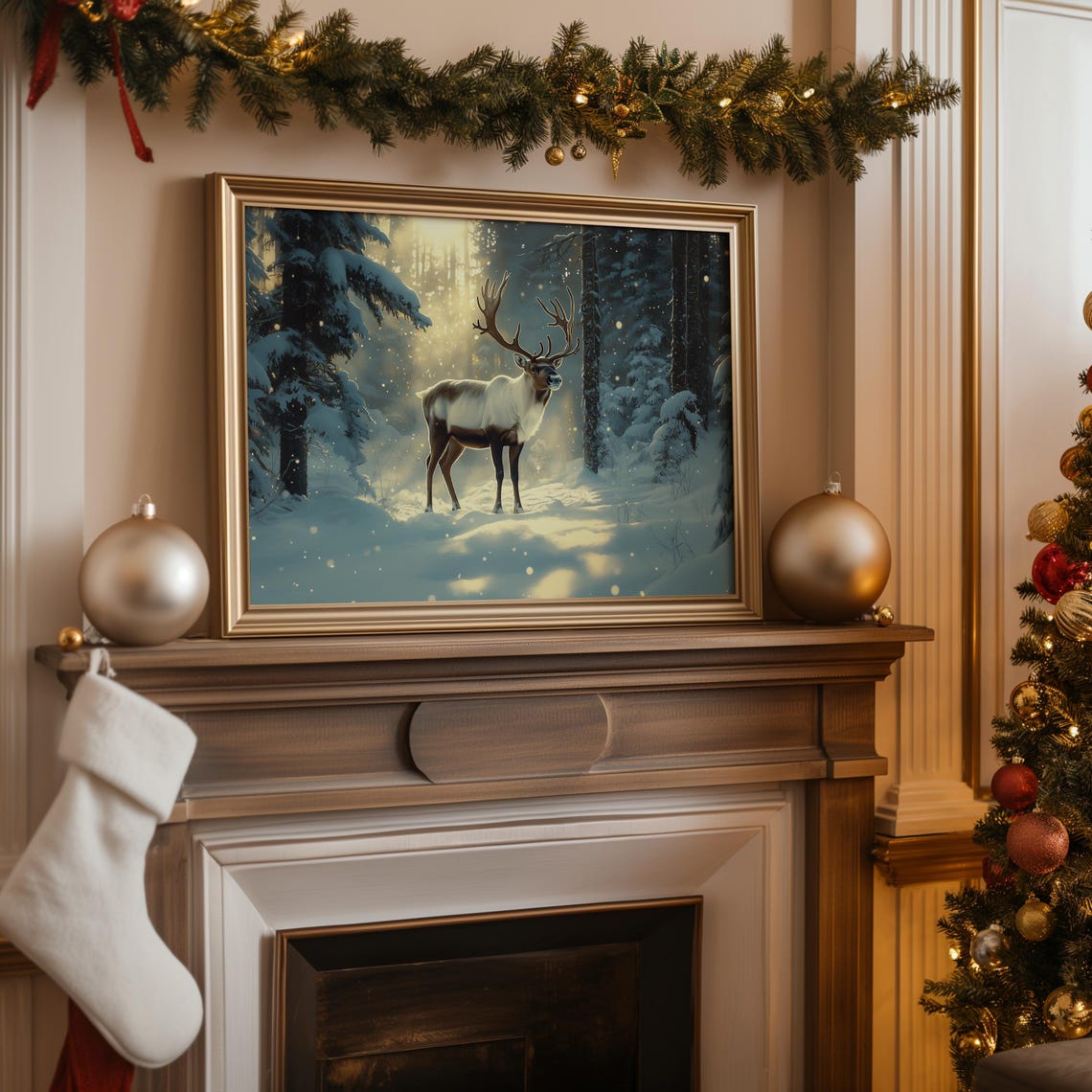 Reindeer Standing In Sunlit Snowy Forest With Light Rays Art Poster - Image 4
