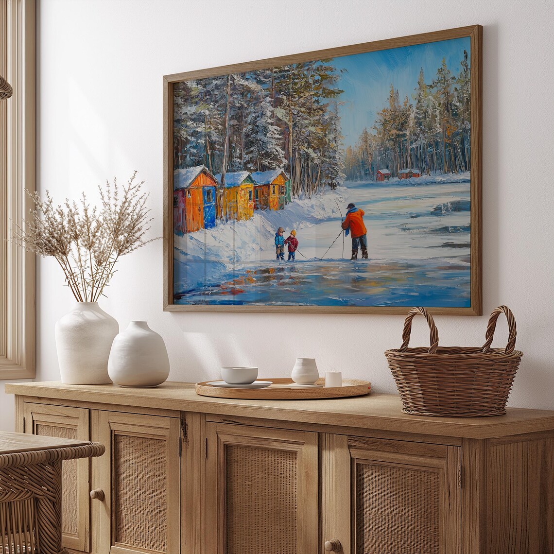 Family Ice Fishing Frozen Lake Colorful Shanties Winter Day Print - Image 2