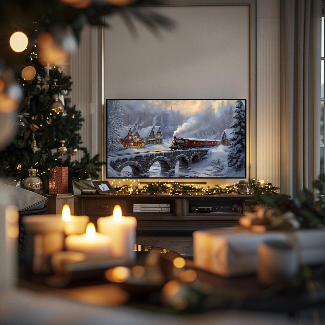 Red Steam Train Stone Bridge Snowy Village Dusk Winter Art Print - Image 2