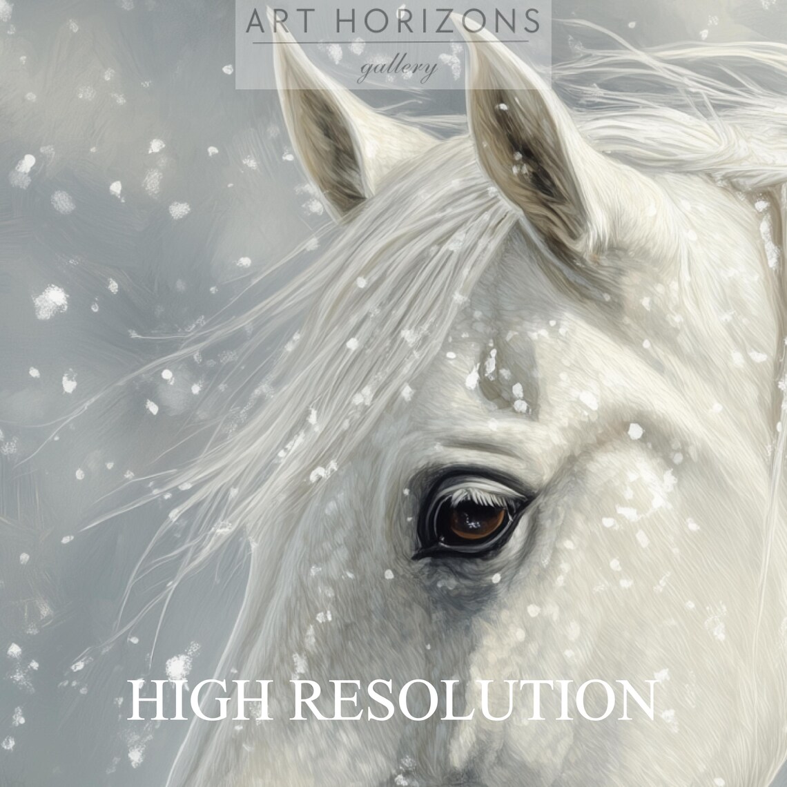 White Horse Portrait Wearing Holly Wreath In Falling Snow Art Poster - Image 4