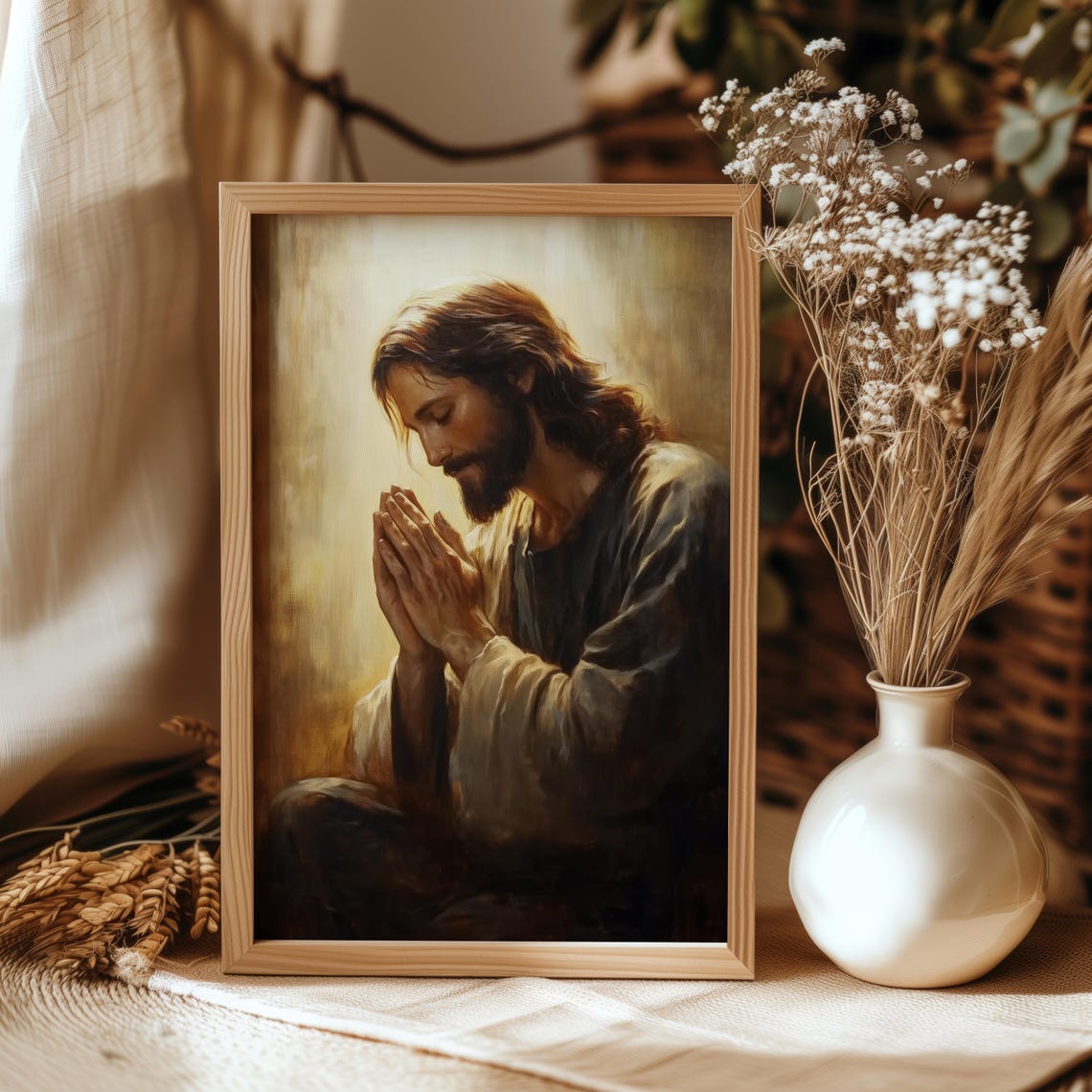 Jesus Christ Praying Hands Golden Light Religious Oil Painting Poster - Image 2