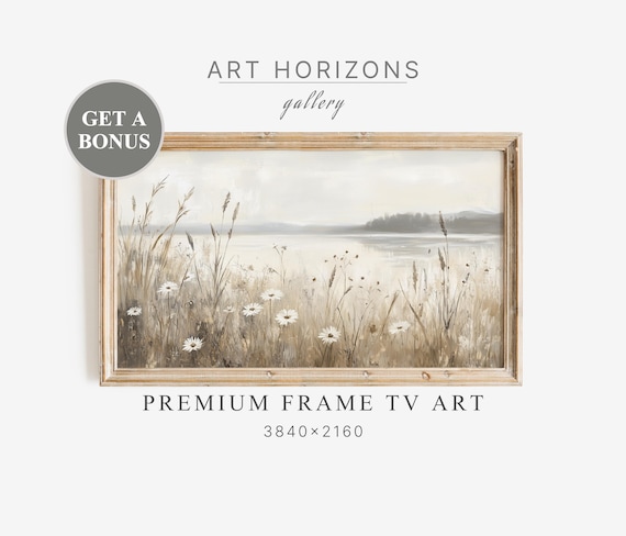 Vintage Landscape Frame Tv Art Moody Abstract Oil Painting Boho Home Decor Field Wildflowers Neutral Colors Tv117