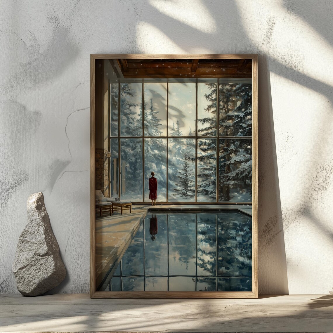 Woman Indoor Pool Window View Snowy Pine Forest Vintage Winter Poster - Image 4