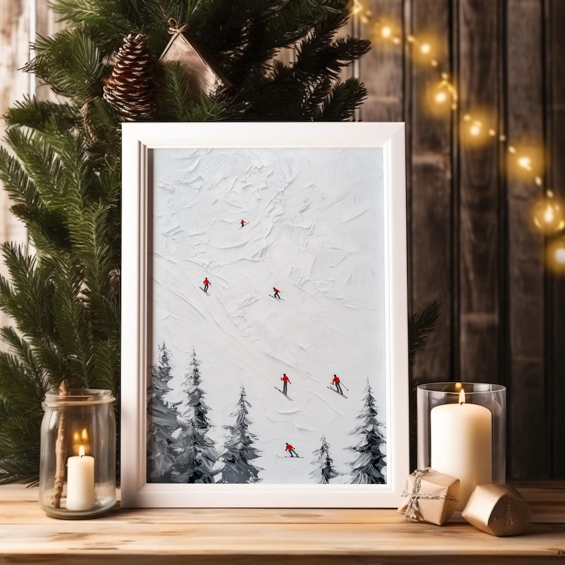 Minimalist Ski Slope Tiny Skiers Textured Snow Painting Art Print - Image 2