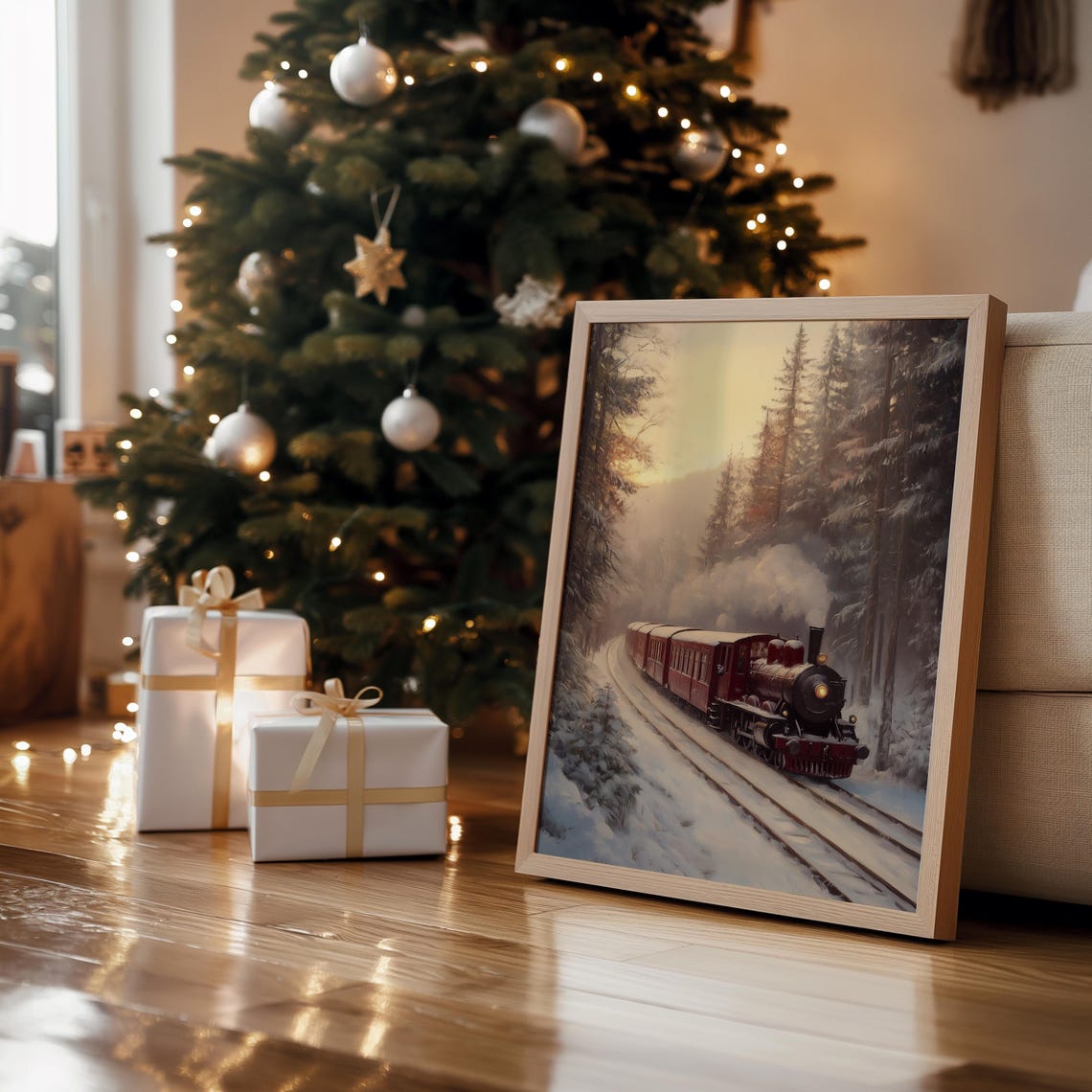 Red Steam Train Snowy Pine Forest Golden Christmas Express Wall Art - Image 2