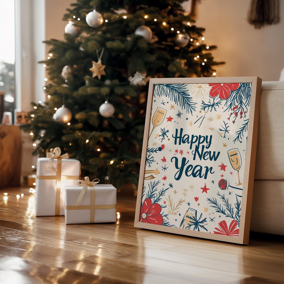 Happy New Year Retro Floral Champagne Celebration Illustration Print - Image 4