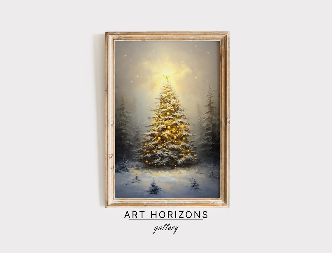 Tall Golden Glowing Christmas Tree in Misty Snowy Forest Art Print
