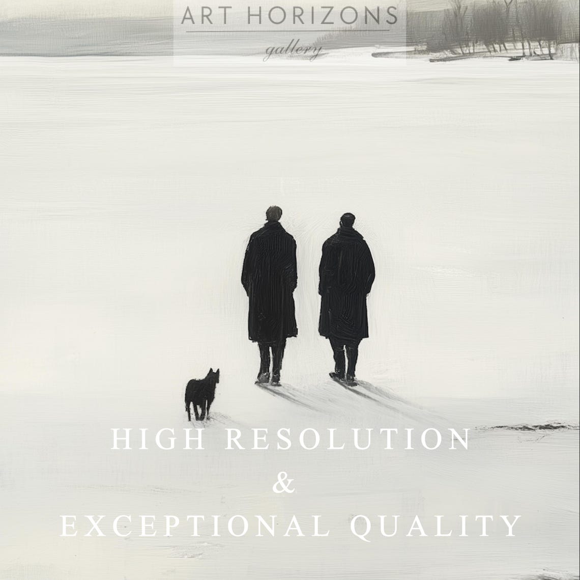 Minimalist Frozen Lake Two Figures Dog Vast White Winter Art Poster - Image 3