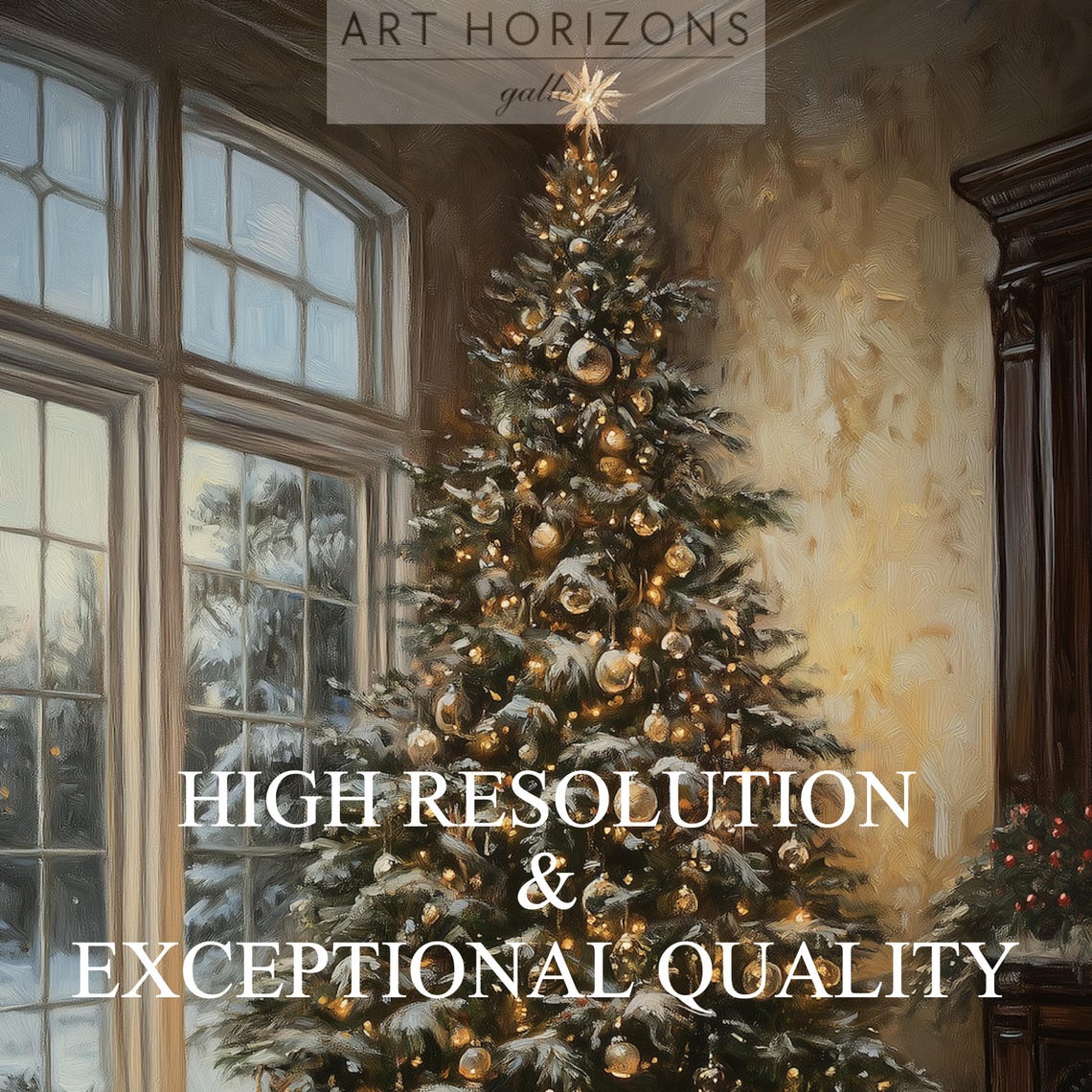 Elegant Christmas Tree Tall Windows Gold Ornaments Interior Print - Image 3