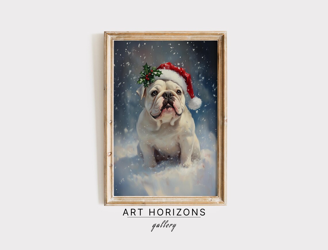 White English Bulldog Santa Hat Snow Cute Christmas Dog Art Print