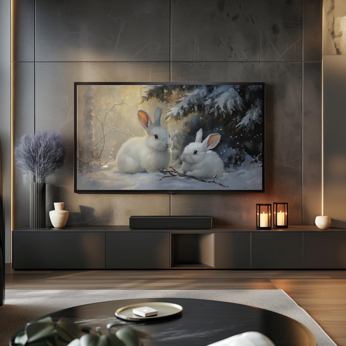 Two White Rabbits Snowy Pine Winter Glow Cute Vintage Animal Poster - Image 2