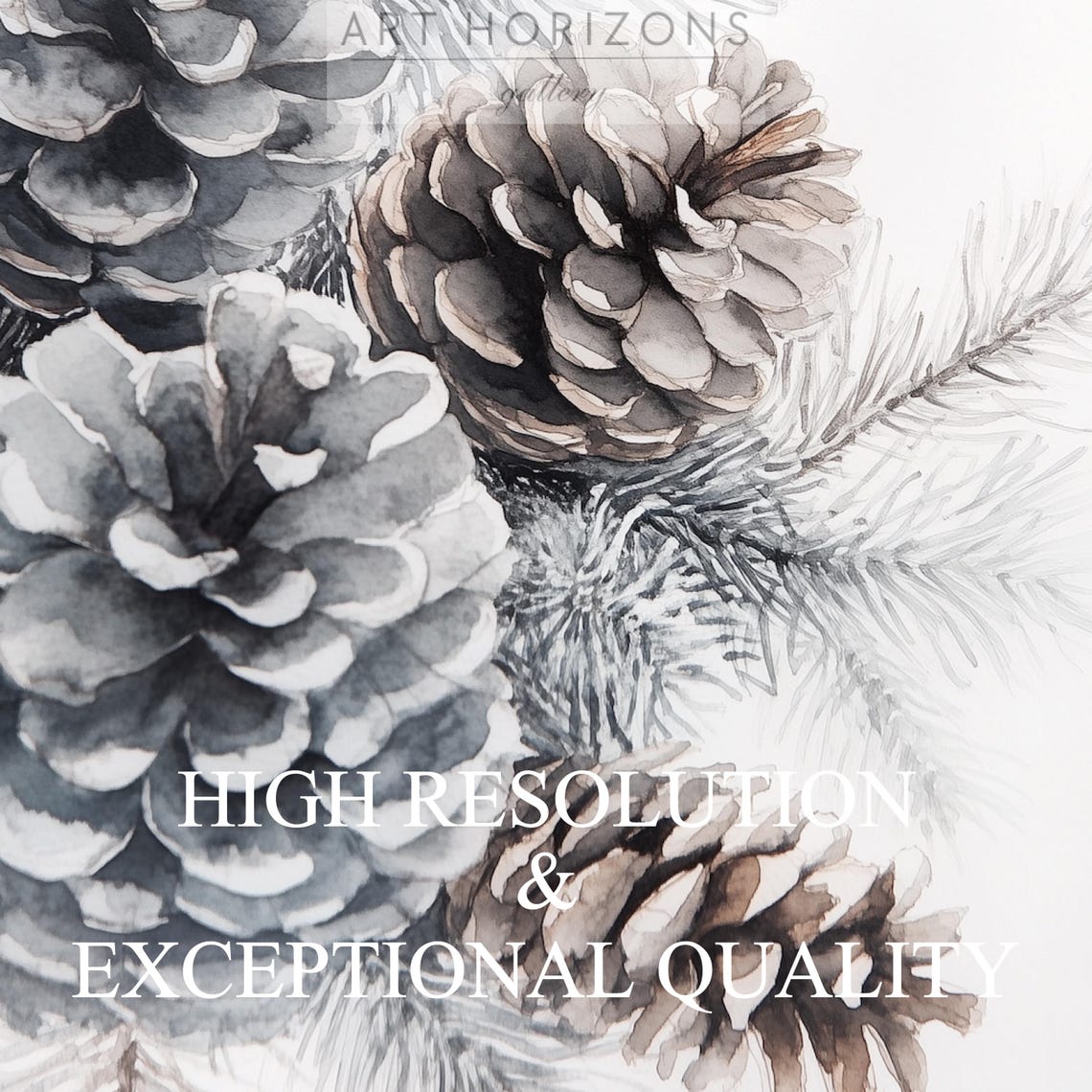 Snowy Pine Cones Evergreen Branches Blue Gray Watercolor Print - Image 3