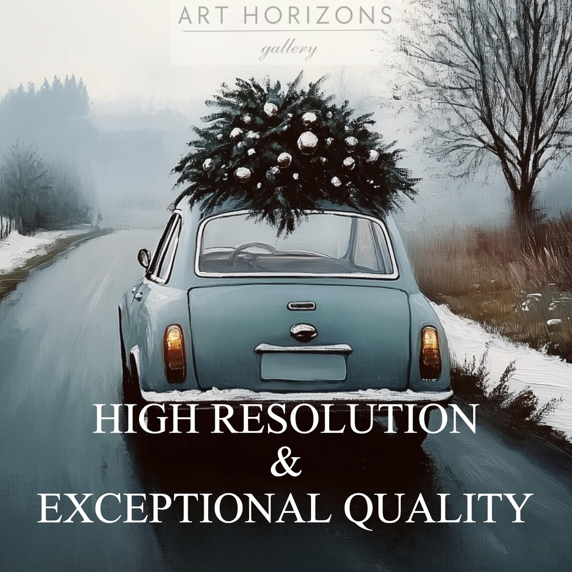Vintage Blue Car With Christmas Tree On Roof Snowy Road Art Print - Image 3