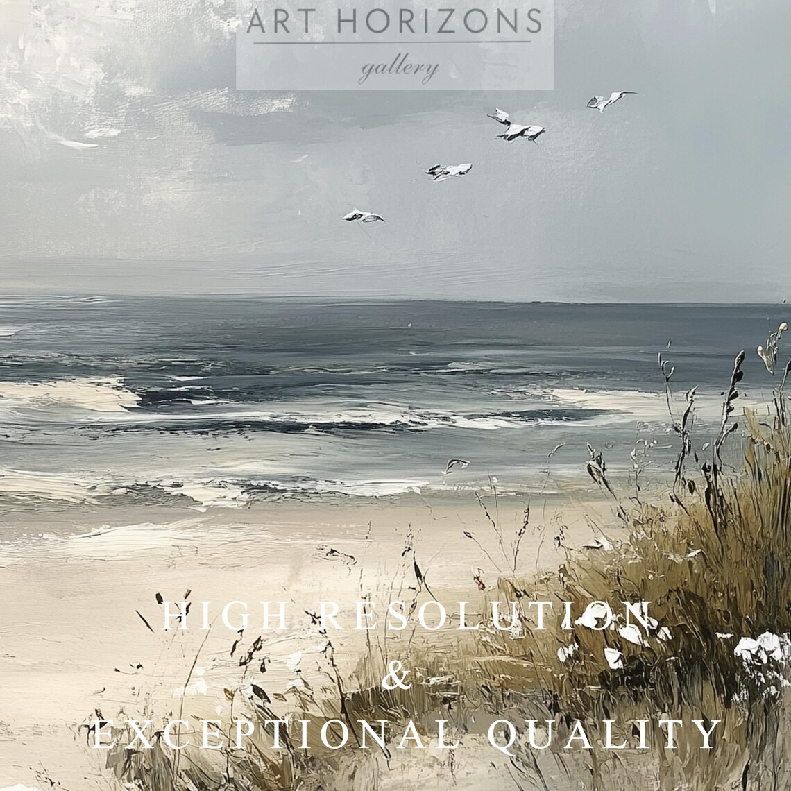 Serene Beach Dunes Seascape With Wildflowers Cloudy Sky Vintage Art Poster - Image 3