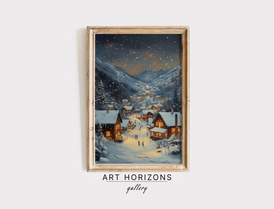 Snowy Mountain Village Night Glowing Chalets Falling Snow Art Print