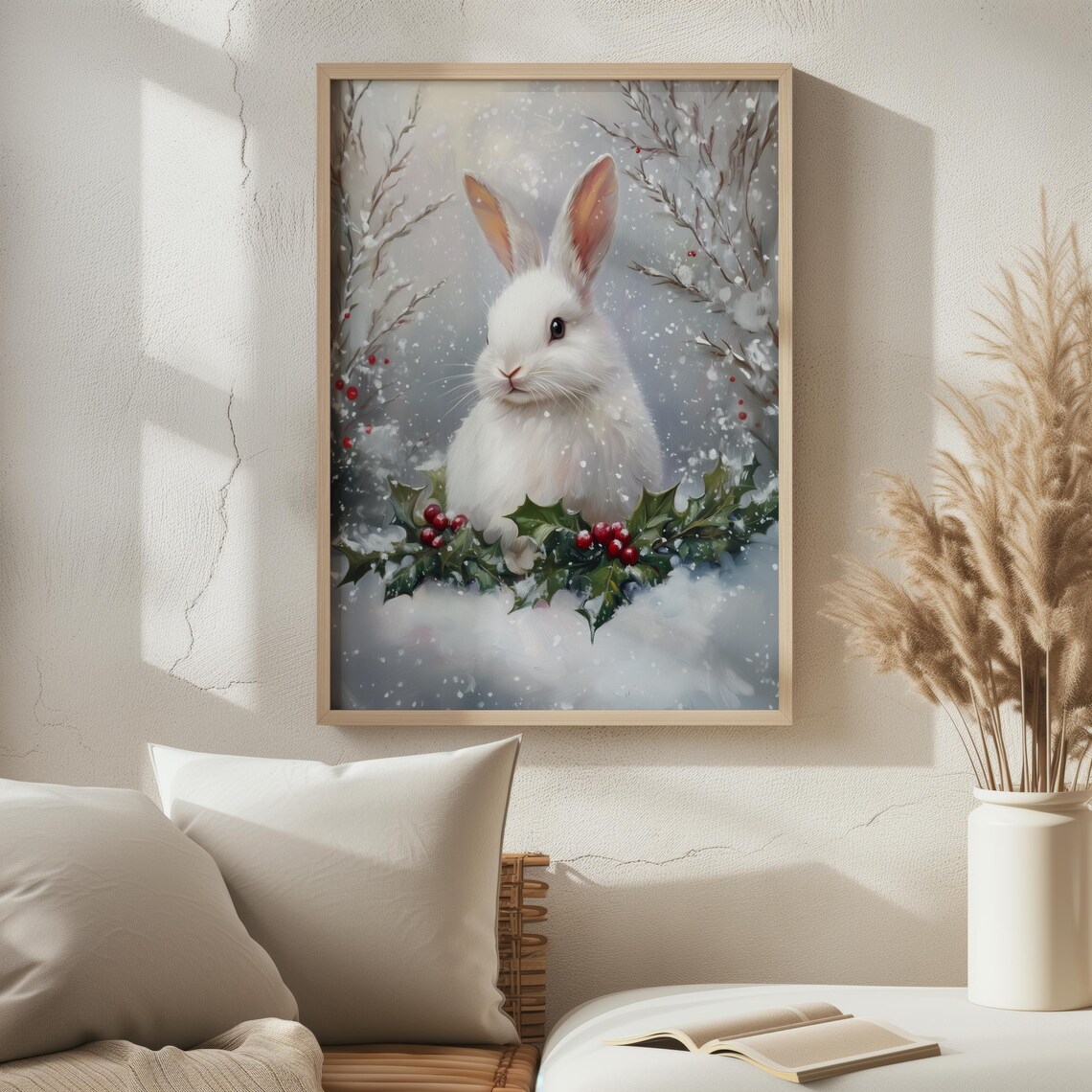 White Rabbit Snow Holly Red Berries Cozy Winter Animal Wall Art Print - Image 2