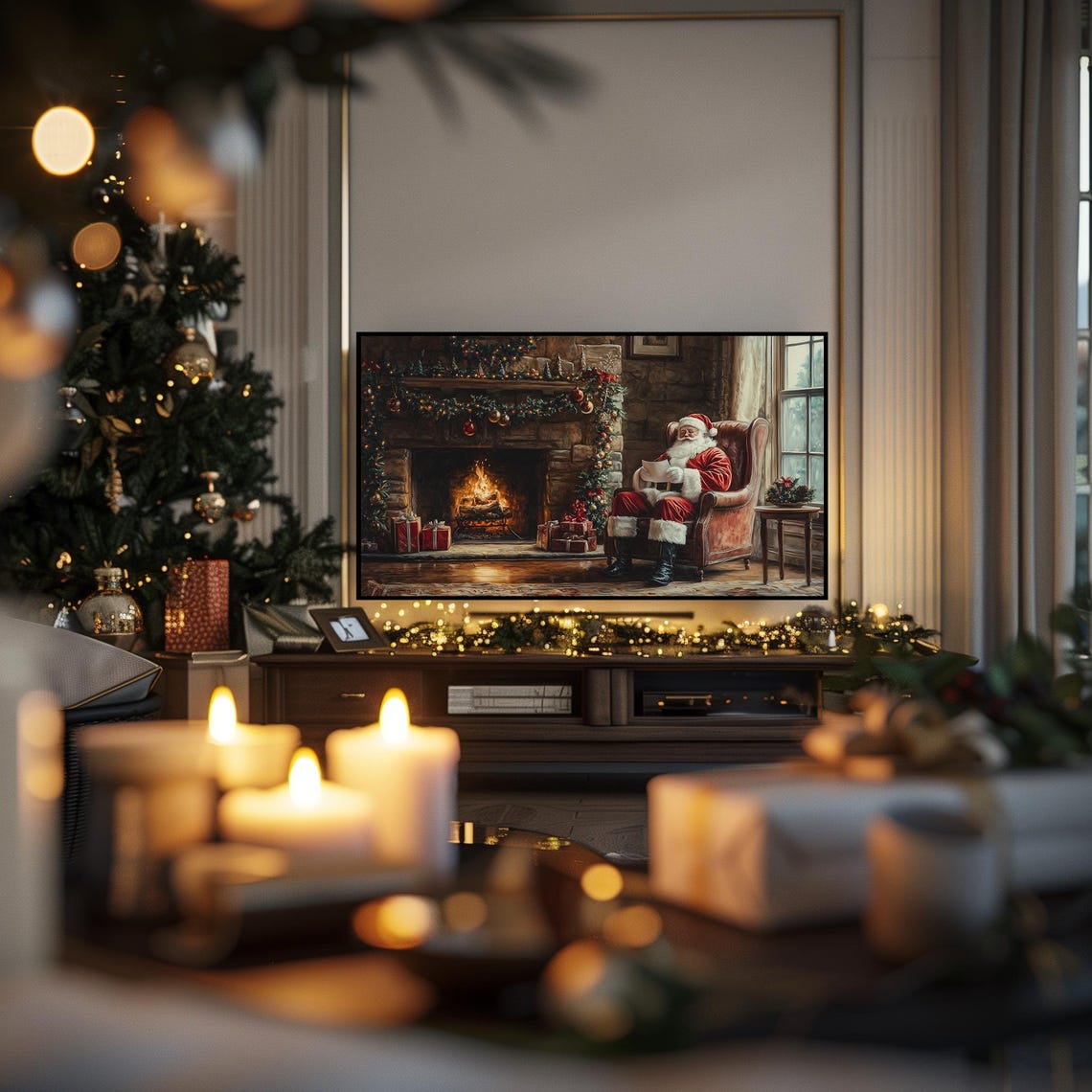 Christmas Santa Reading Letters Frame Tv Art Christmas Santa Fireplace Christmas Art For Tv Vintage Christmas Holiday Decor Tv Art Tv8 - Image 2
