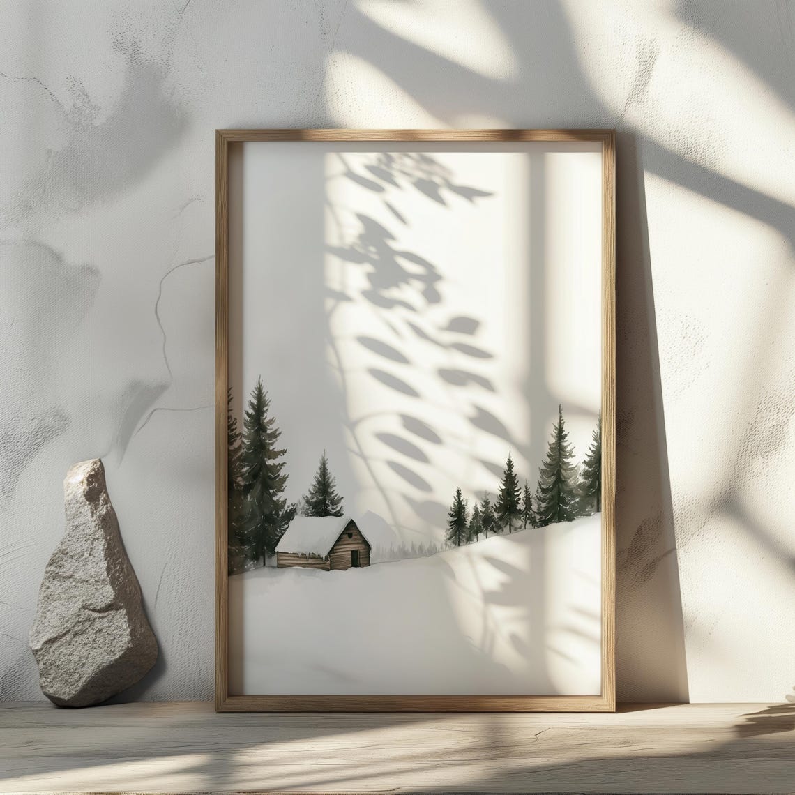 Tiny Log Cabin Snowy Field Pines Minimalist Airy Winter Art Poster - Image 3