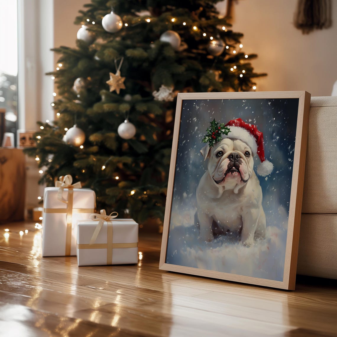 White English Bulldog Santa Hat Snow Cute Christmas Dog Art Print - Image 4
