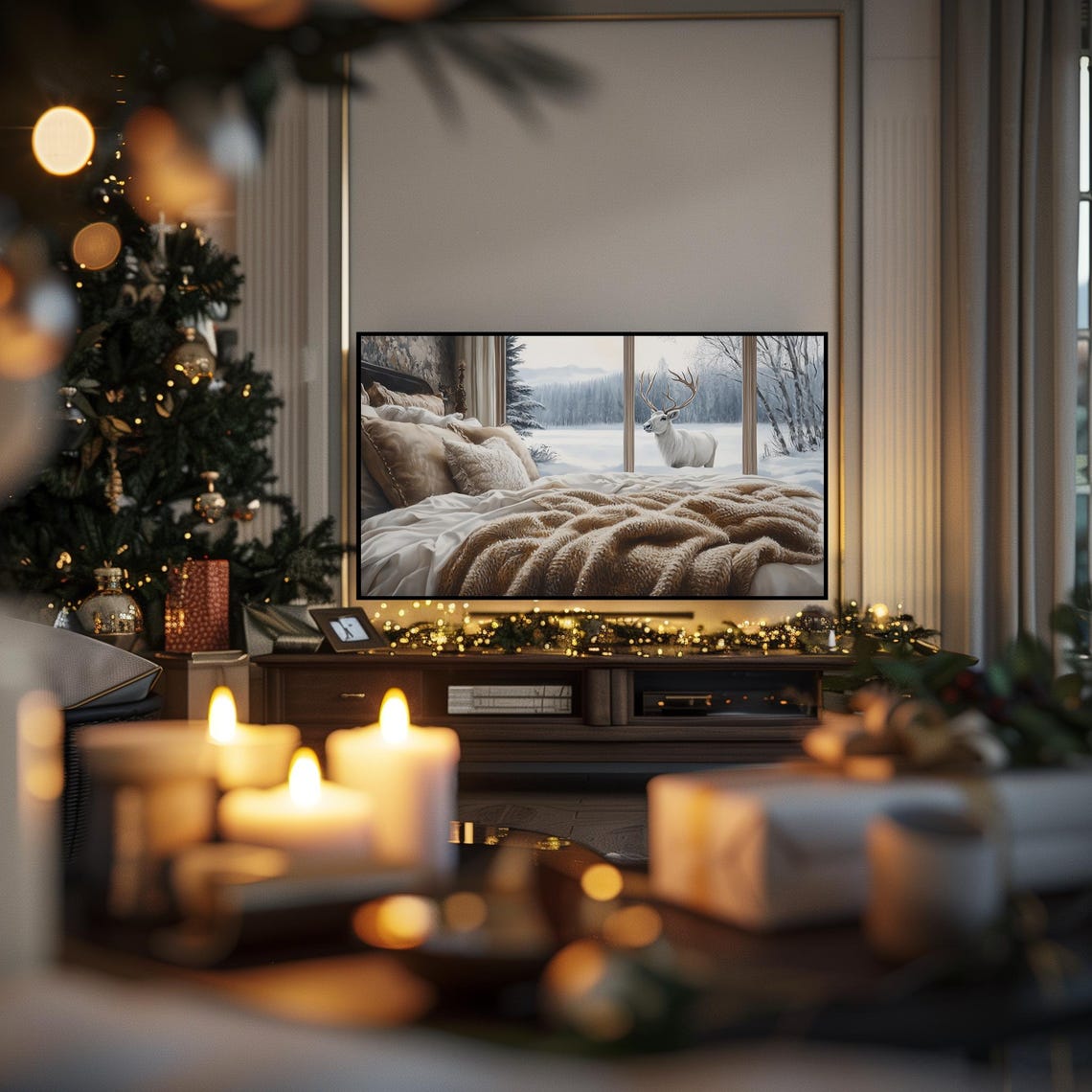 Cozy Bedroom White Deer Snowy Window View Holiday Frame TV Print - Image 2