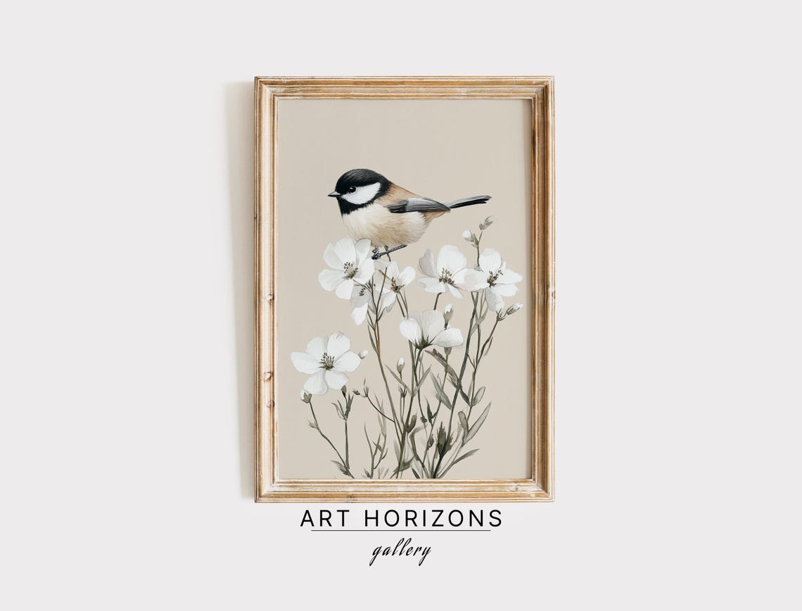 Chickadee Bird White Blossoms Neutral Vintage Botanical Print Poster