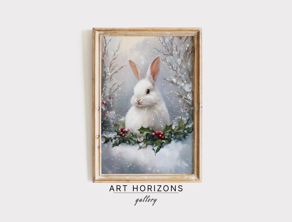 White Rabbit Snow Holly Red Berries Cozy Winter Animal Wall Art Print