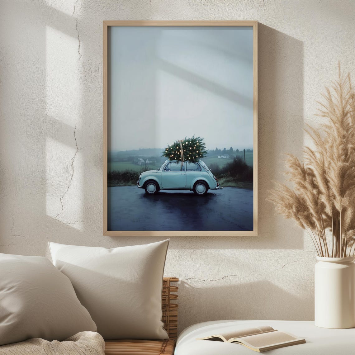 Christmas Tree On Blue Car Print Vintage Blue Car Christmas Decor Art Cute Wall Art Home Decoration A175 - Image 2