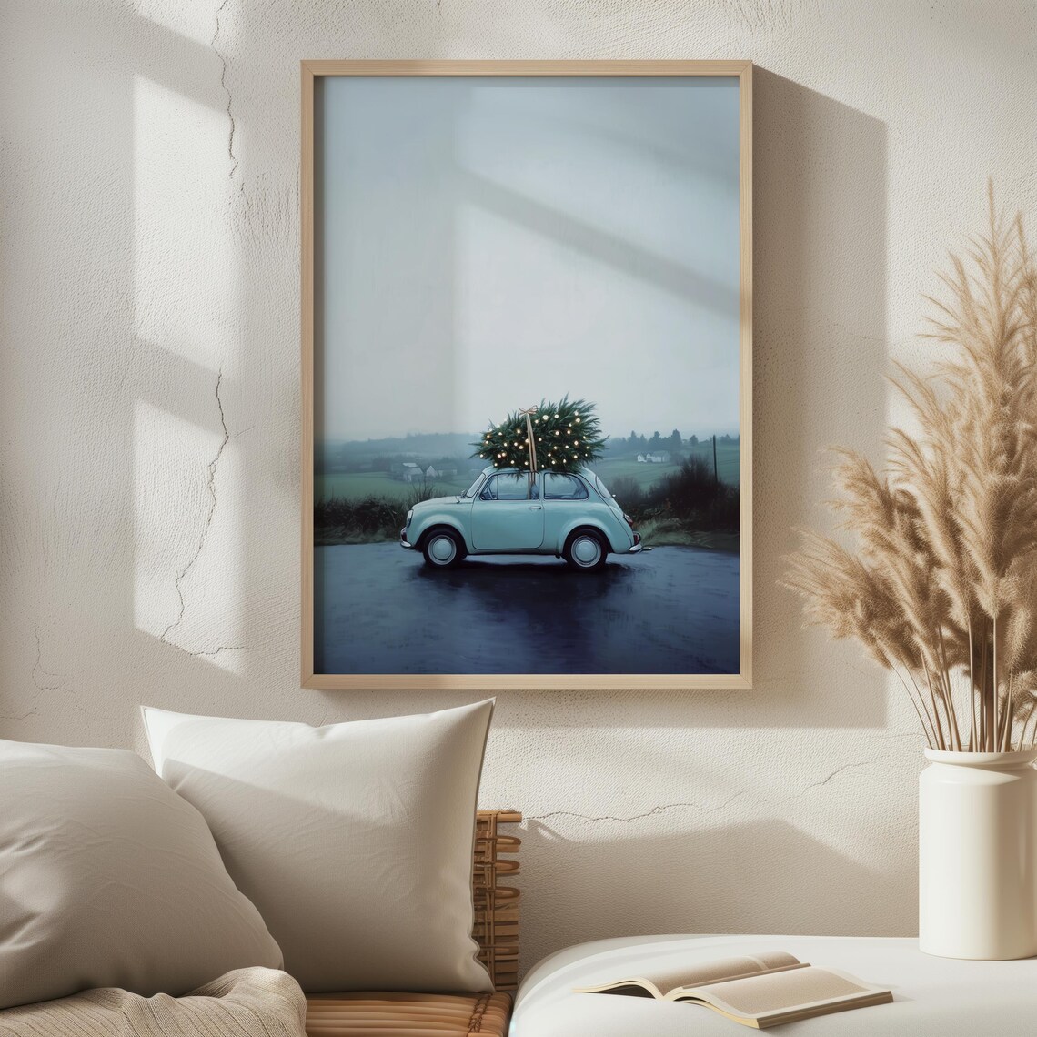 Vintage Blue Car Christmas Tree Roof Misty Road Holiday Wall Art Print - Image 2