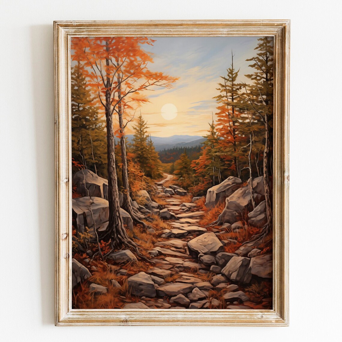 Autumn Forest Sunrise Mountain Trail Fall Foliage Vintage Wall Art