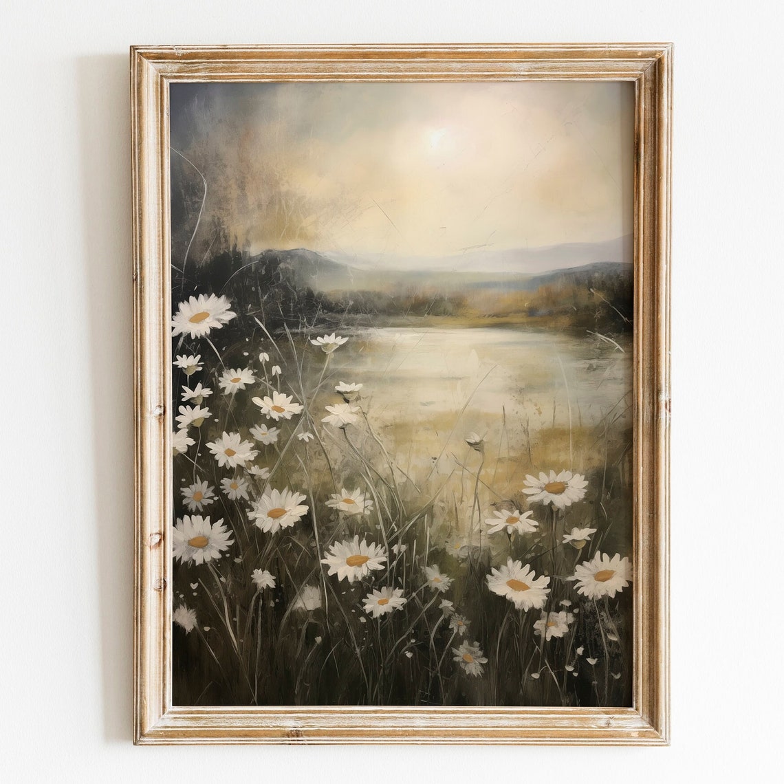 Moody Flower Field Landscape Vintage Wildflower Painting Antique Floral Print Rustic Botanical Oil Painting Daisy Farmhouse Art