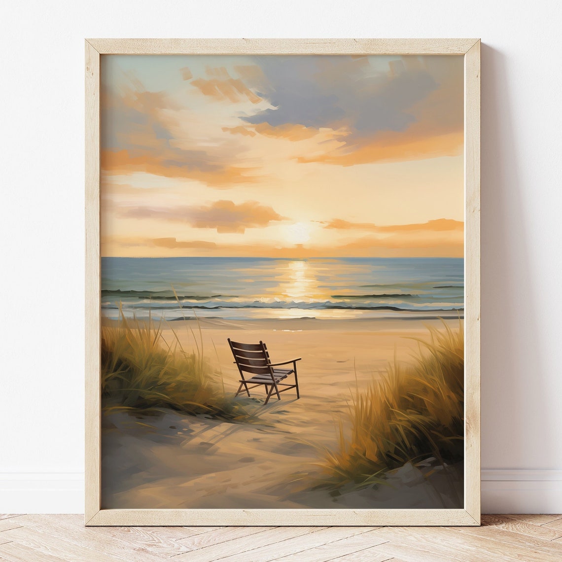 Sunset Beach With Empty Chair On Sandy Shore And Dune Grass Poster